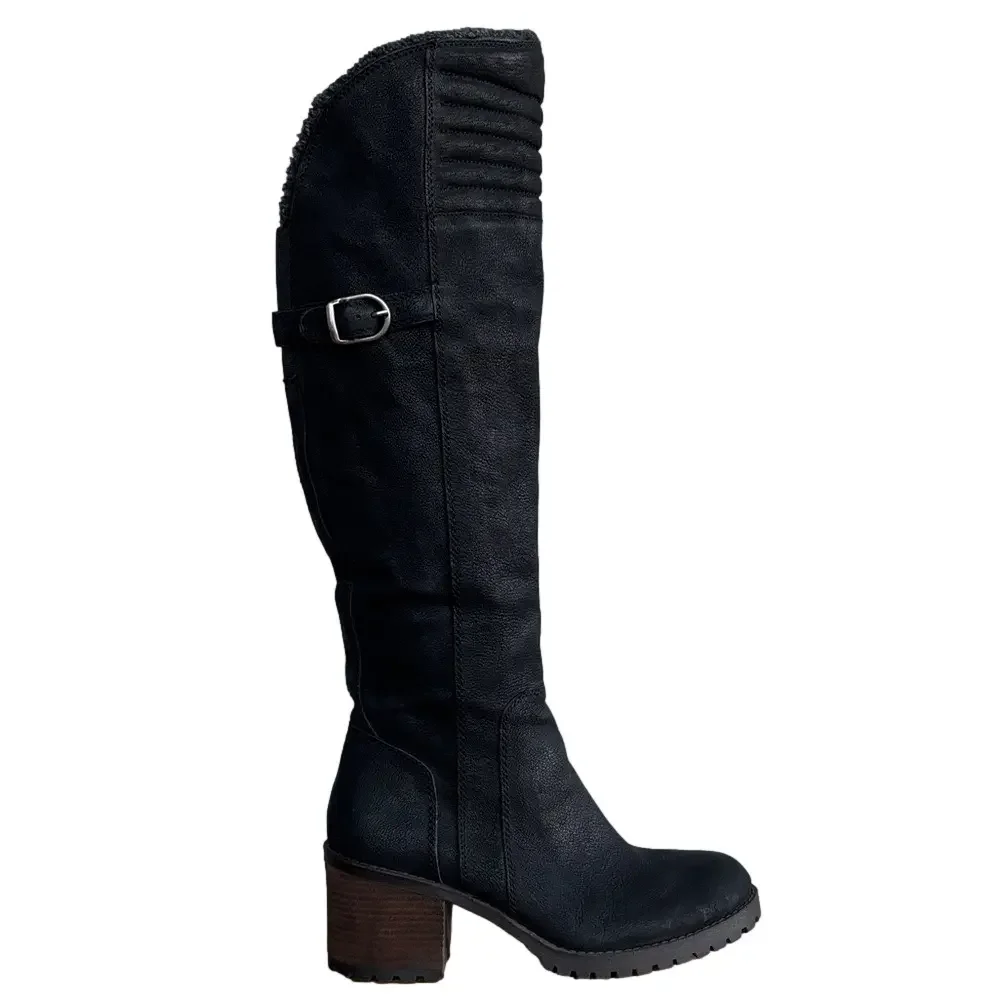 Lucky Brand Narlee Black Leather Faux Fur Over the Knee Chunky Heel Boots sz 10